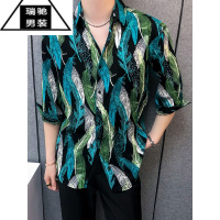 希杰狮王高级感彩色羽毛印花衬衫男中袖夏季花衬衣冰丝薄款百搭七分袖上衣