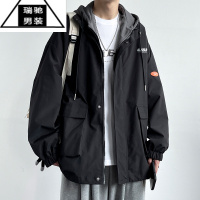 希杰狮王假两件外套男士秋季宽松休闲连帽夹克春秋款男生潮牌工装冲锋衣服