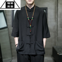 希杰狮王中国风冰丝七分袖衬衫男装汉服夏季垂感短袖衬衣宽松大码盘扣唐装