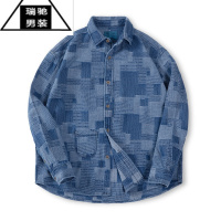 希杰狮王工装 日系复古boro百家布牛仔衬衫提花拼接小众长袖衬衣男春