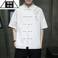 希杰狮王复古刺绣汉服中国风夏季轻薄冰丝短袖衬衫男中式唐装宽松大码上衣