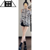 希杰狮王海边度假情侣装夏季水墨画碎花短袖衬衫连衣裙套装法式一裙一衣潮