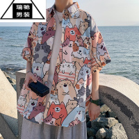 希杰狮王夏季小猫动漫短袖花衬衫男夏威夷宽松潮流ins半袖沙滩巴洛克衬衣