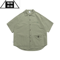 希杰狮王橄榄绿短袖宽松短袖衬衫男2023夏季新款设计小众日系复古衬衣