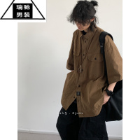 希杰狮王夏日系复古廓形短袖衬衫男女学生polo衫基础款咖啡色工装衬衣外套
