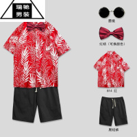 希杰狮王伴郎服兄弟团衣服装搞笑短袖花衬衫裤子结婚礼喜庆红色套装男夏天
