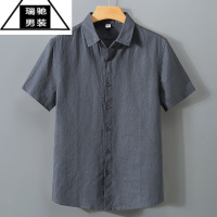 希杰狮王夏季亚麻短袖衬衫男潮牌宽松潮流薄款工装上衣休闲大码白棉麻衬衣