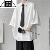 希杰狮王白色冰丝短袖领带衬衫男高级感垂坠感外套痞帅dk制服西装内搭衬衣