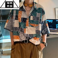 希杰狮王复古巴洛克衬衫短袖男夏季90年代港风古巴领花衬衣夏威夷冰丝雪纺