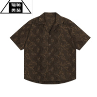 希杰狮王橄榄色夏季古巴领植物提花肌理感短袖衬衫男复古潮流印花衬衣