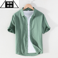 希杰狮王夏季亚麻衬衫男短袖宽松日系休闲潮牌薄款大码潮流白棉麻工装衬衣