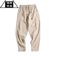 希杰狮王中国风亚麻棉宽松休闲裤男萝卜哈伦裤阔腿裤九分裤唐装加绒裤子男