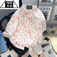 希杰狮王日系小众vintage兔子印花短袖衬衫男女夏季复古甜美可爱外搭上衣