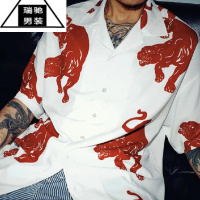 希杰狮王老虎印花个性衬衫男女夏威夷沙滩上衣古巴领宽松大码短袖衬衣潮牌