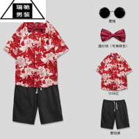 希杰狮王伴郎服兄弟装短袖花衬衫裤子结婚礼兄弟团衣服迎亲夏季天一整套男