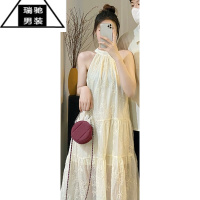 希杰狮王小众设计感情侣装夏季新款韩版短袖衬衫复古挂脖连衣裙一裙一衣潮