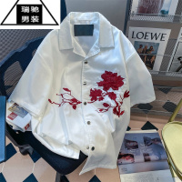 希杰狮王高级设计感痞帅玫瑰刺绣短袖衬衫男女夏小众复古ins港风上衣外套