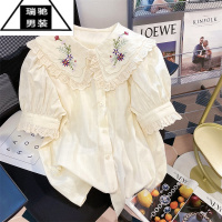 希杰狮王韩系甜美复古刺绣娃娃领短袖衬衫男女夏季宽松别致花边泡泡袖上衣