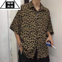 希杰狮王豹纹短袖衬衫男夏季潮牌设计感小众衬衣港风ins潮高级感痞帅外套