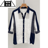 希杰狮王夏季亚麻衬衫男宽松短袖上衣青年韩版休闲翻领撞色棉麻五分袖衬衣