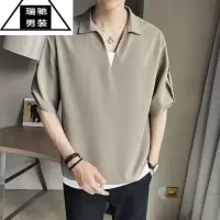 希杰狮王衬衫polo衫男短袖冰丝垂感假两件V领T恤夏季冰感上衣痞帅男装半袖