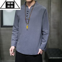 希杰狮王中国风男装春季亚麻长袖t恤男士打底衫复古风汉服唐装棉麻上衣服