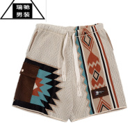 希杰狮王美式复古纳瓦霍针织短裤撞色刺绣几何沙滩休闲宽松五分卫裤男夏季