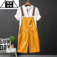 希杰狮王潮牌夏季工装休闲短裤男直筒宽松情侣连体吊带五分裤男日系背带裤