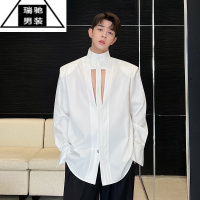 希杰狮王高级感胸口镂空衬衫男长袖暗门襟设计感小众立领上衣垫肩性感服装