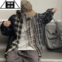 希杰狮王国潮美式街头拼接格子衬衫男长袖春秋季潮牌日系复古情侣衬衣外套