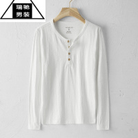 希杰狮王春夏日系薄款竹节棉长袖t恤男宽松休闲门筒领体恤打底衫白色
