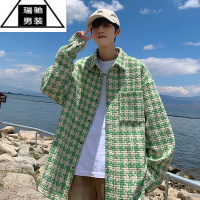 希杰狮王千鸟格小香风外套男夏季港风长袖衬衫潮牌痞帅高级感休闲夹克早秋