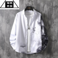 希杰狮王中国风男装山水画印花衬衫帅气水墨国潮男长袖2023秋季衬衣上衣服