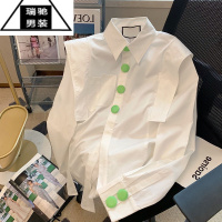 希杰狮王小清新时尚气质polo领衬衫男女春季设计感小众撞色纽扣长袖衬衣潮