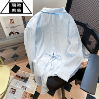 希杰狮王奶蓝色别致后背开叉防晒长袖衬衫男女夏季bf港风冰丝薄款上衣外套