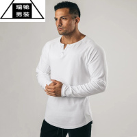 希杰狮王运动薄款V领长袖健身跑步t恤棉弹力上衣休闲纯色打底衫男子春秋衣