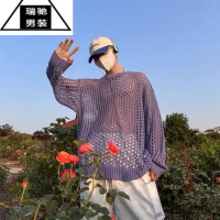 希杰狮王秋季新款高级感镂空针织衫男潮牌渔网眼设计感宽松长袖毛衣打底衫