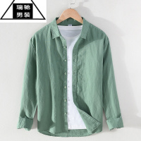 希杰狮王春季亚麻衬衫男长袖宽松休闲薄款纯色日系复古工装防晒白棉麻衬衣