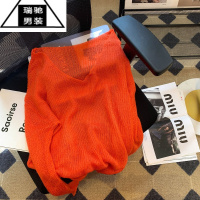 希杰狮王V领薄款针织罩衫男宽松显瘦慵懒风大码长袖针织衫百搭洋气上衣潮