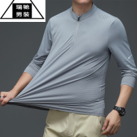 希杰狮王春夏薄款长袖T恤男冰丝速干弹力潮流立领半拉链中年运动休闲体恤