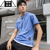 希杰狮王夏季新款男装短袖T恤潮流ins连帽半袖卫衣学生带帽子纯色帽衫