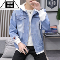 希杰狮王牛仔外套男2023连帽卫衣春秋季潮流假两件拼接学生休闲夹克上衣潮