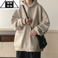 希杰狮王日系复古简约华夫格纯色连帽外套男宽松bf风潮牌百搭开衫卫衣夹克