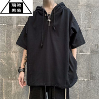 希杰狮王夏季男装短袖T恤痞帅气潮流ins连帽半袖卫衣学生带帽子纯色帽衫男