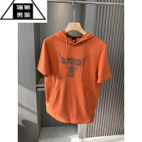 希杰狮王副线自制!牛头数码印花23新款夏季男士训练帽衫运动休闲短袖卫衣