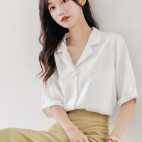 2020夏新款白衬衣职业雪纺白色女士衬衫设计感小众中袖气质上衣威珺