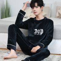 男士冬季青年学生加绒加厚珊瑚绒睡衣秋款可外穿法兰绒家居服套装 威珺