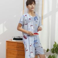 短袖睡衣男夏季薄款棉绸套装休闲男士个性潮大码人造棉绸家居服威珺