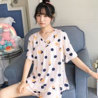 睡衣女夏休闲棉绸套装两件套学生薄款睡衣女宽松可爱人造棉家居服威珺