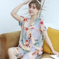 睡衣女夏季棉绸日系大码套装夏天短袖女士条纹薄款绵绸家居服威珺